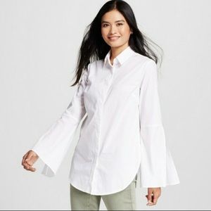 Tops | Nwot White Bell Sleeve Button Up 
